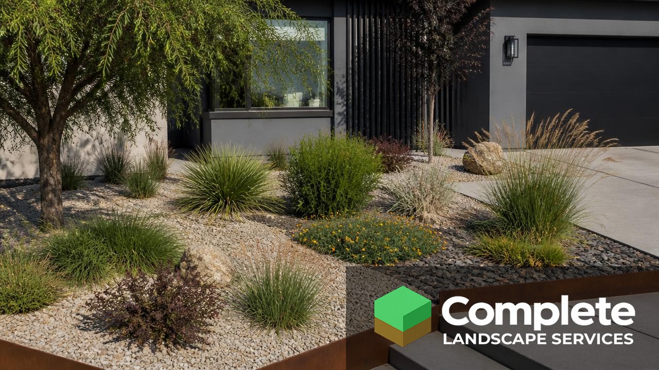 Modern low maintenance front yard with ornamental grasses, gravel, and clean steel edging