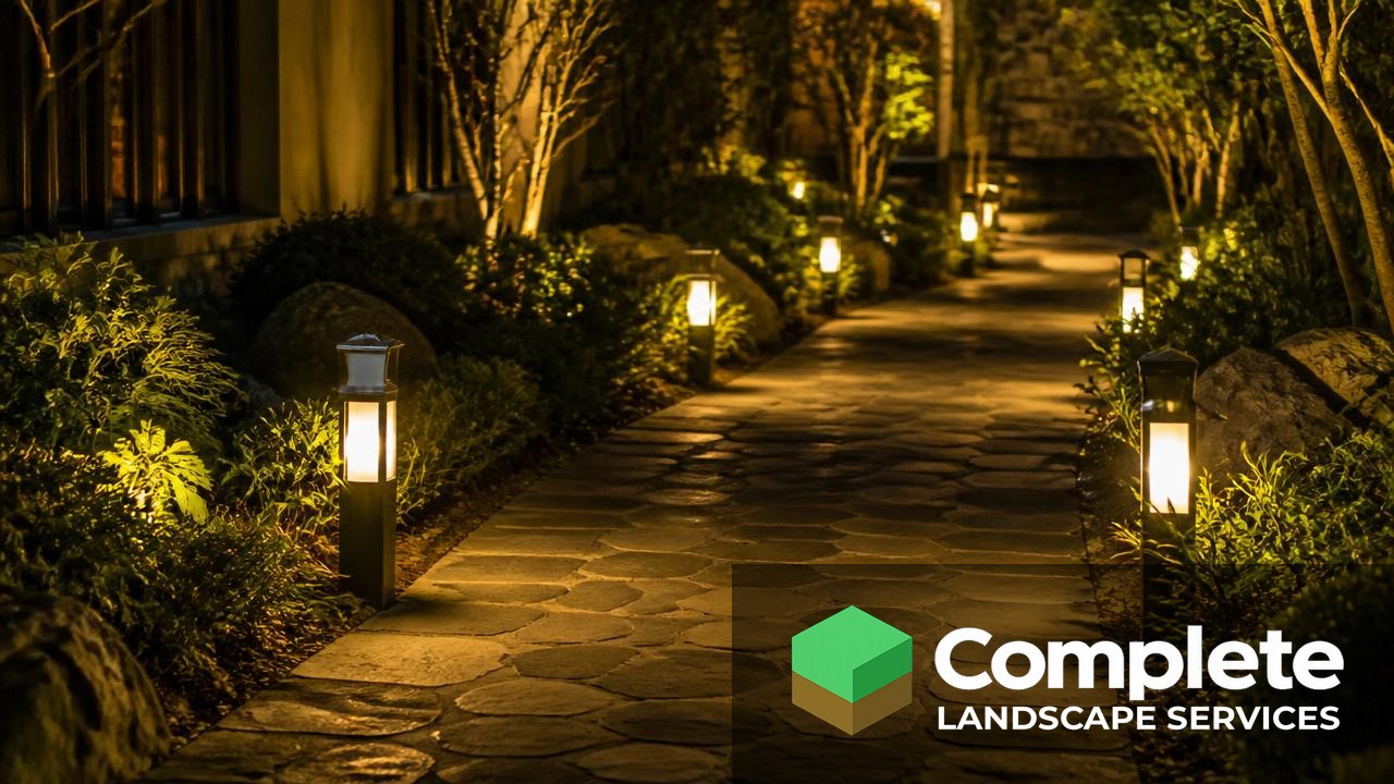 Warm path lights lining a flagstone garden walkway at night