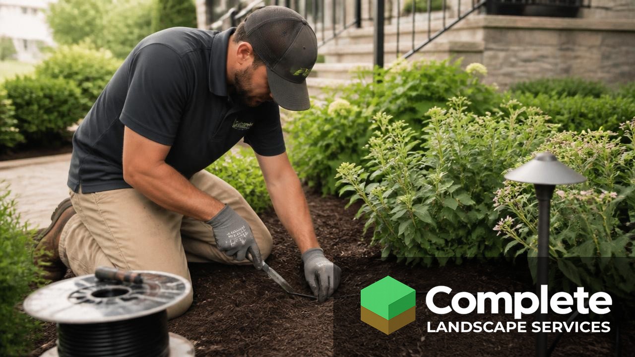 Installer burying low voltage landscape lighting cable in a mulched bed