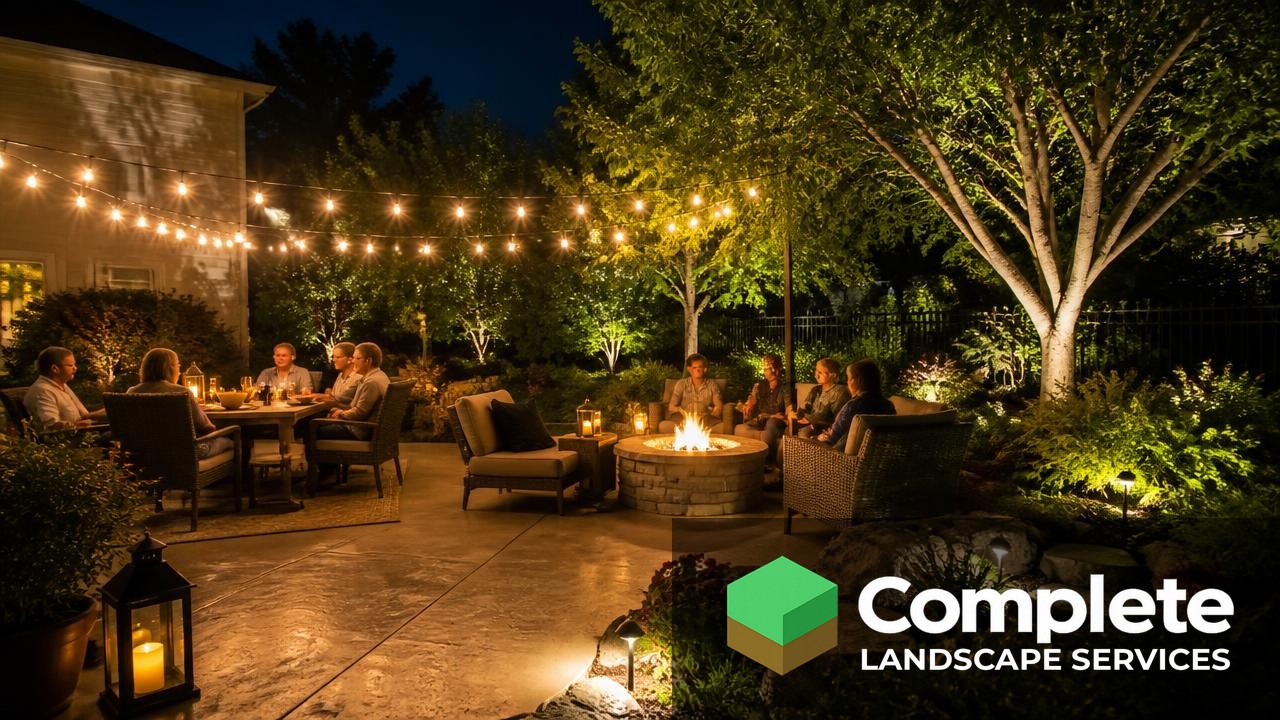 Backyard patio at night with string lights, fire pit, and uplit trees