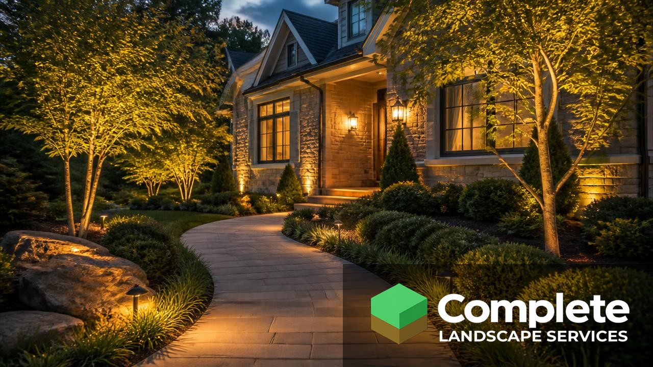 Front walkway and uplit trees illuminated by warm landscape lighting at dusk