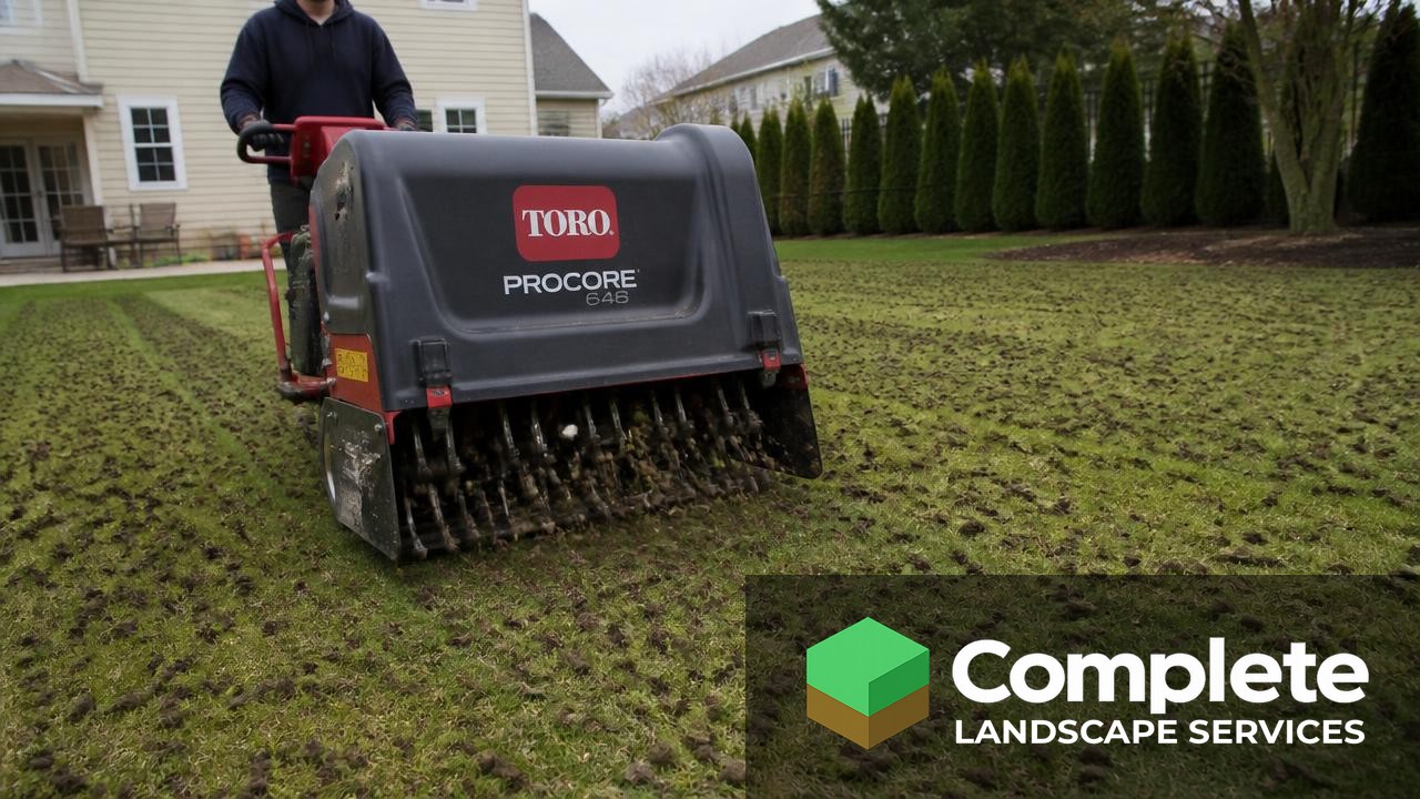 Core aerator pulling soil plugs from a residential lawn before overseeding