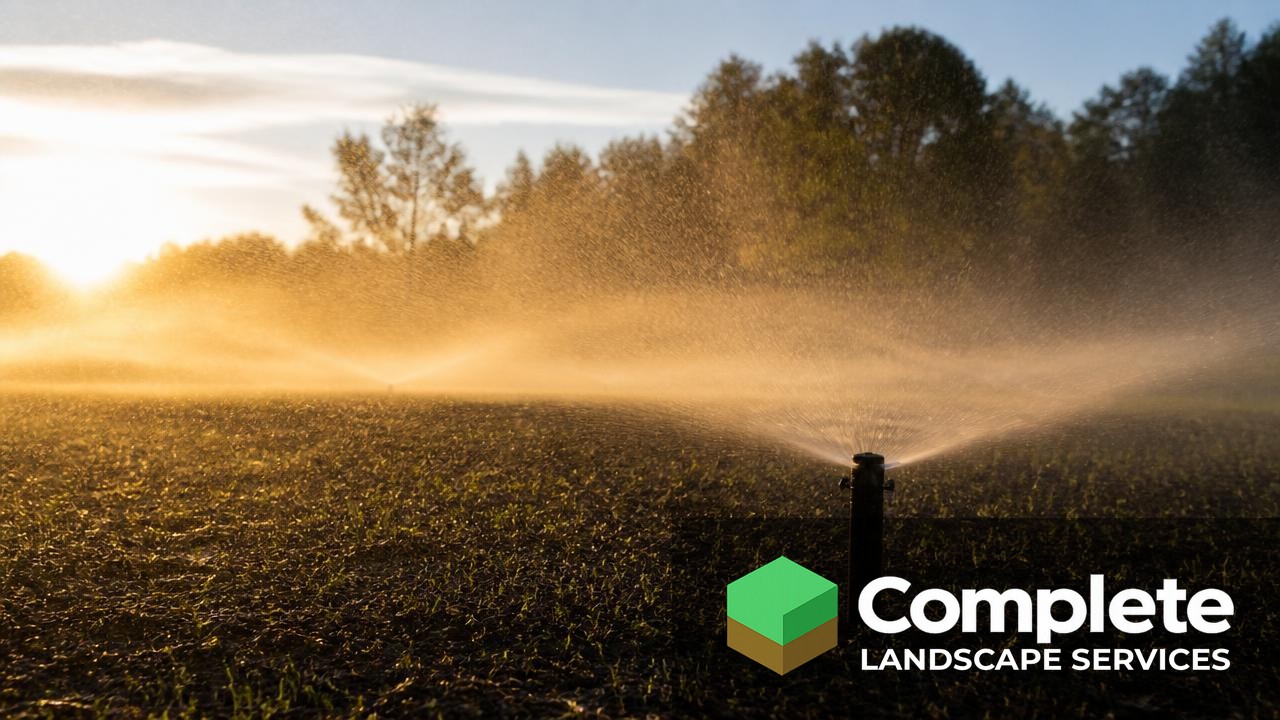 Sprinkler watering a freshly seeded lawn at sunrise