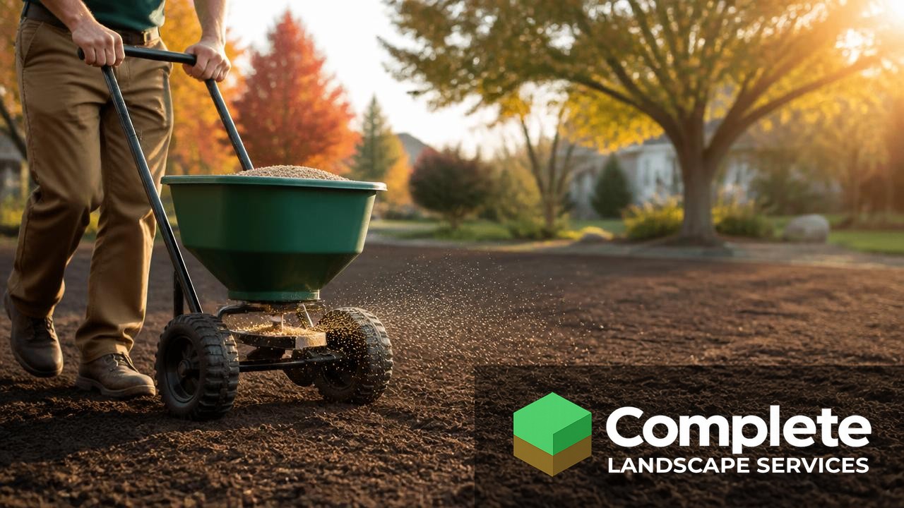 Person spreading grass seed with a broadcast spreader over freshly raked soil in early autumn