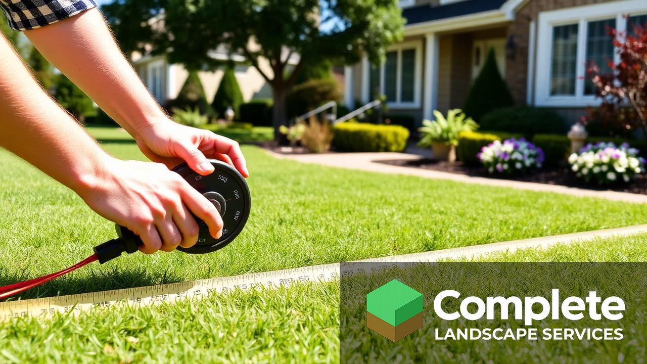 Hands using a measuring wheel across a suburban front lawn to calculate square footage for a landscaping quote