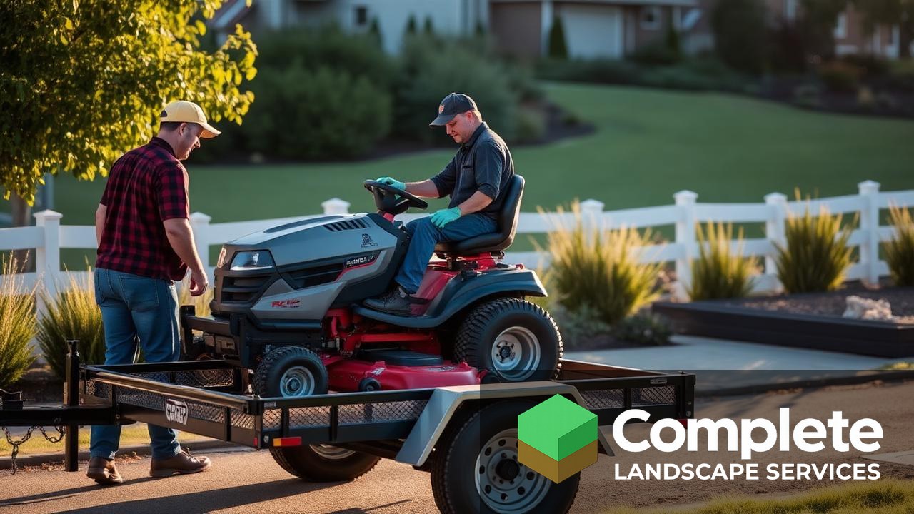 Two-person landscaping crew loading a zero-turn mower onto a trailer at the start of a work day