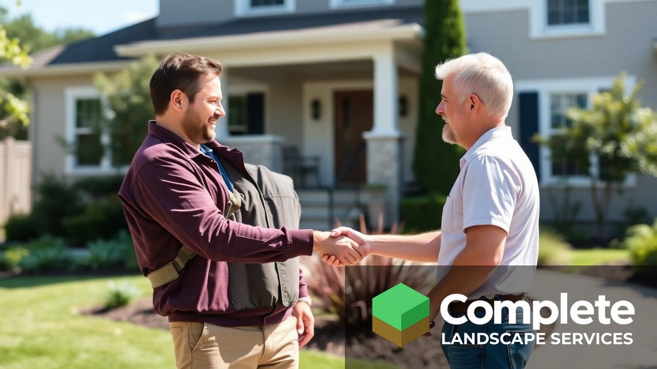 Landscaper shaking hands with a homeowner in a front yard after agreeing on a quote