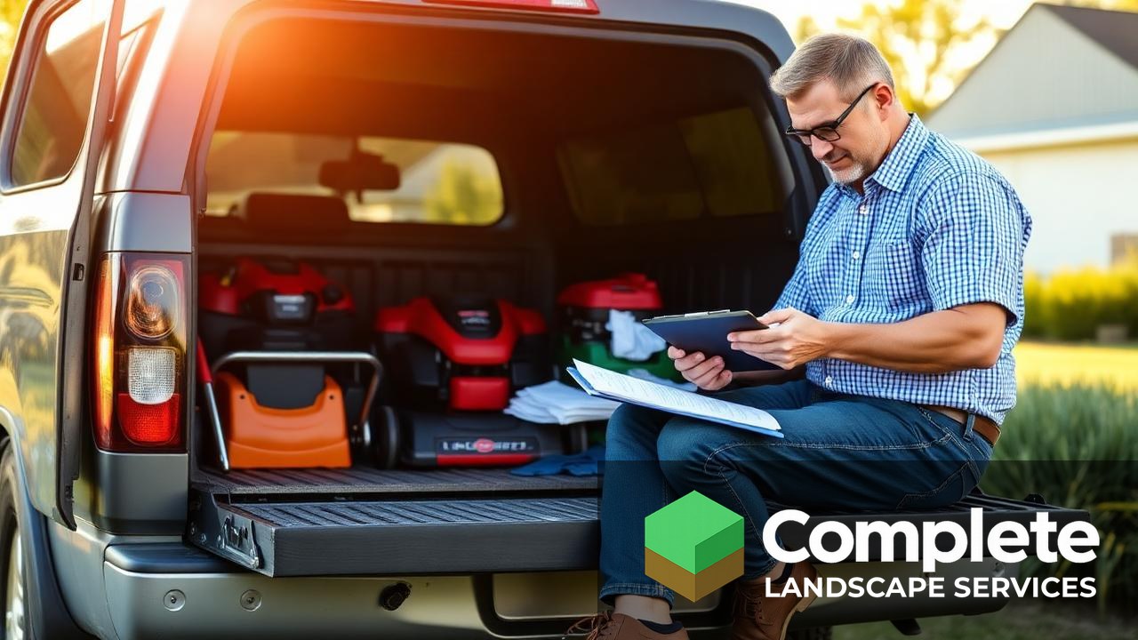 Landscaping business owner working out a job estimate on a clipboard from a truck tailgate