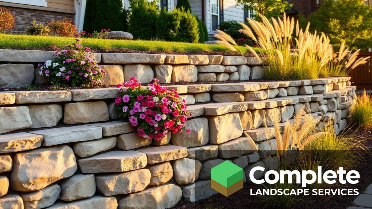 Tiered natural stone retaining wall with cascading flowers in a residential front yard