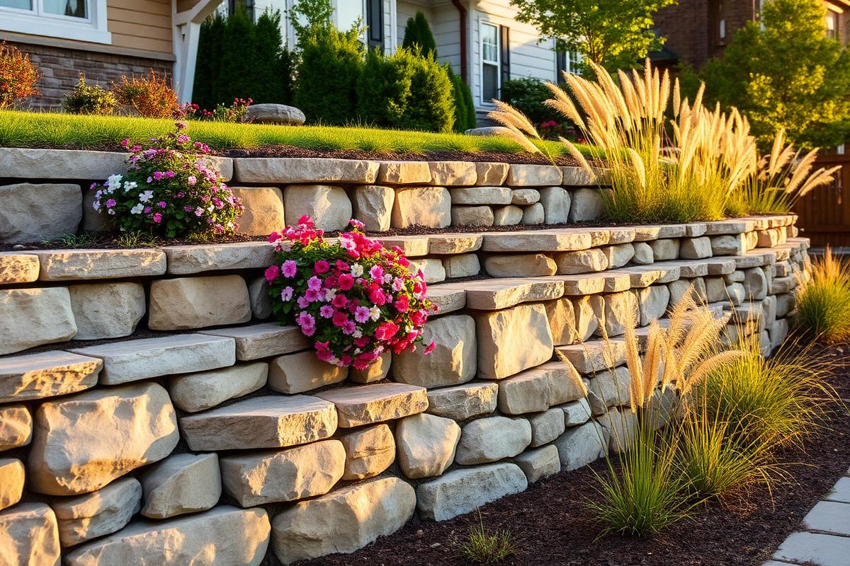 Tiered natural stone retaining wall with cascading flowers in a residential front yard