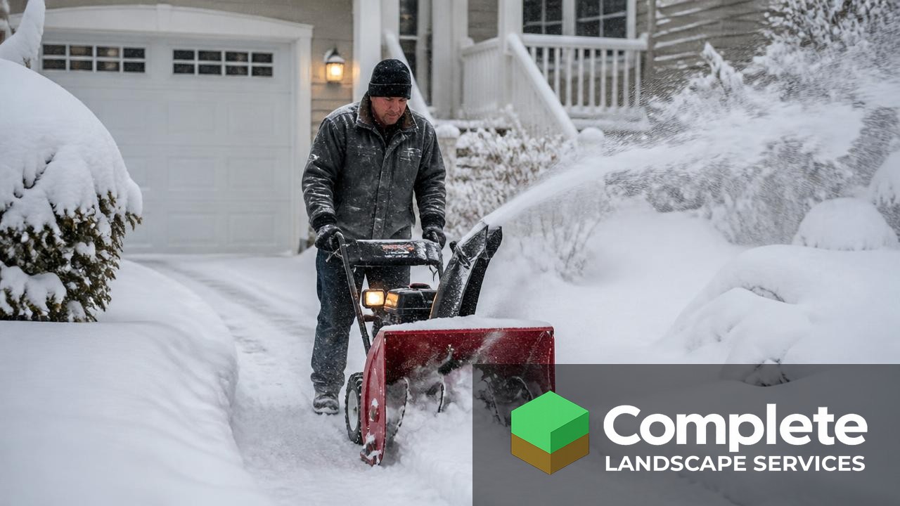 Worker clearing a snowy residential driveway with a snowblower