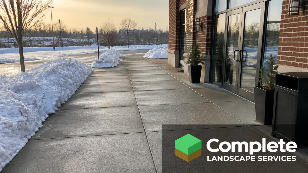 Cleared commercial sidewalk and entrance after snow removal with tidy snow piles