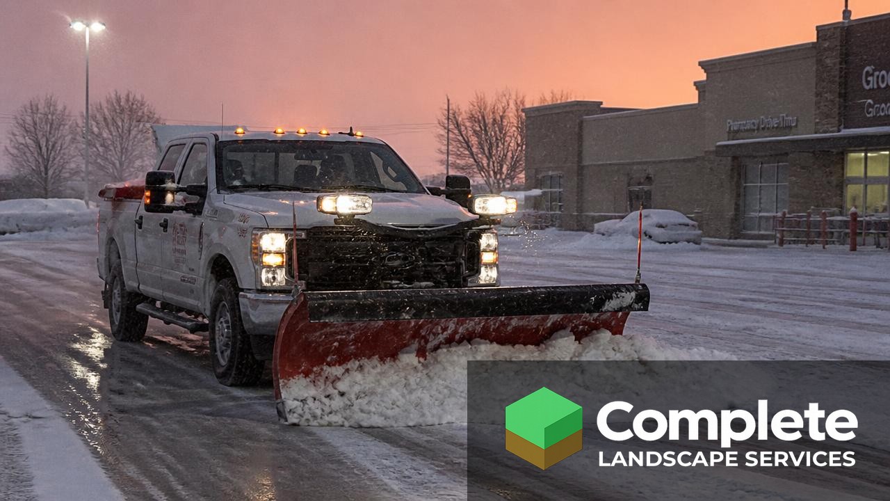 Pickup truck with a snow plow clearing a commercial parking lot at dawn during snowfall