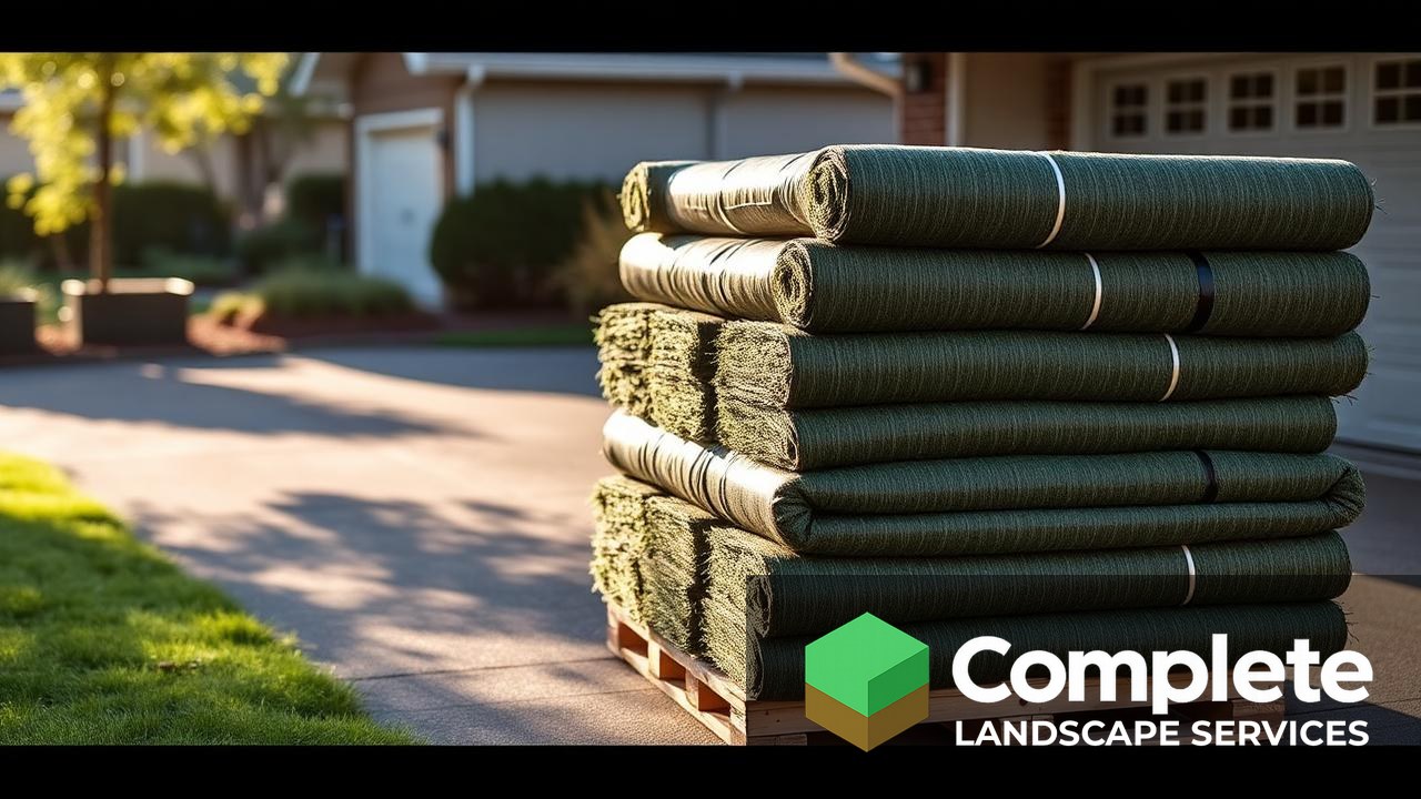 Rolls of fresh sod stacked on a pallet in a suburban driveway ready for installation