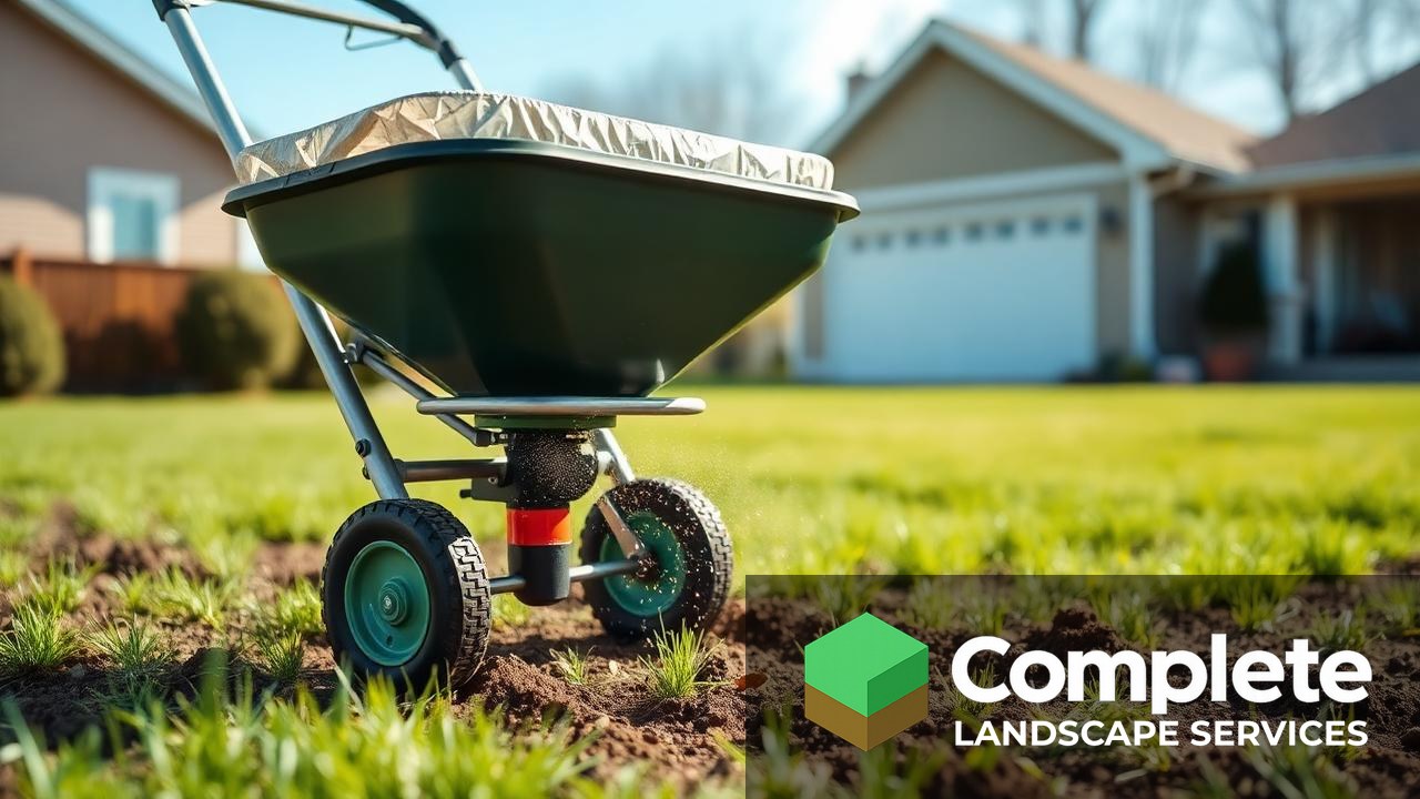 Broadcast spreader sowing grass seed over prepared bare soil in a residential yard