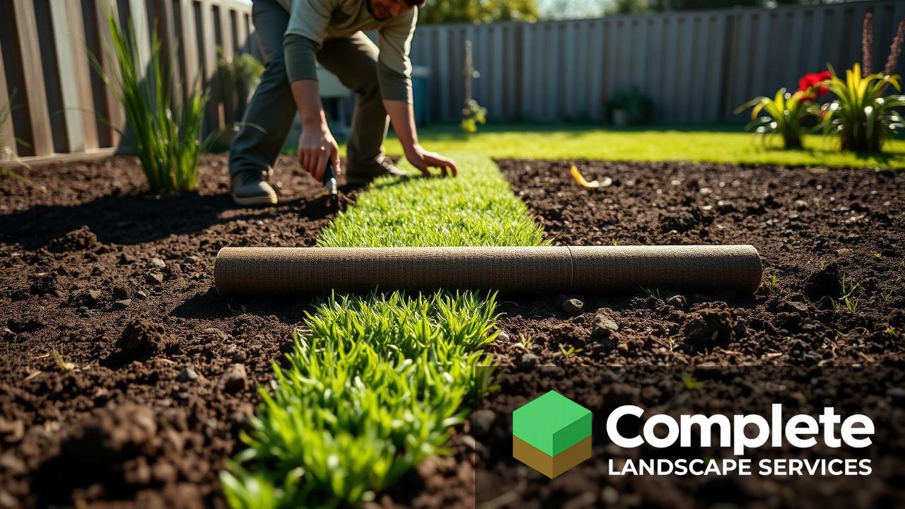 Worker unrolling a strip of fresh sod across prepared dark topsoil with tight seams in a sunny backyard