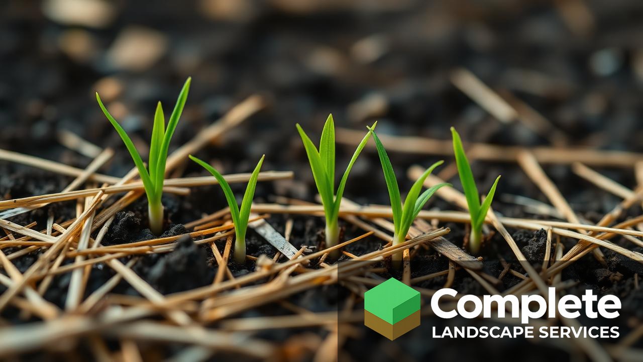 Macro view of new grass seedlings emerging through a thin layer of straw mulch on dark moist soil