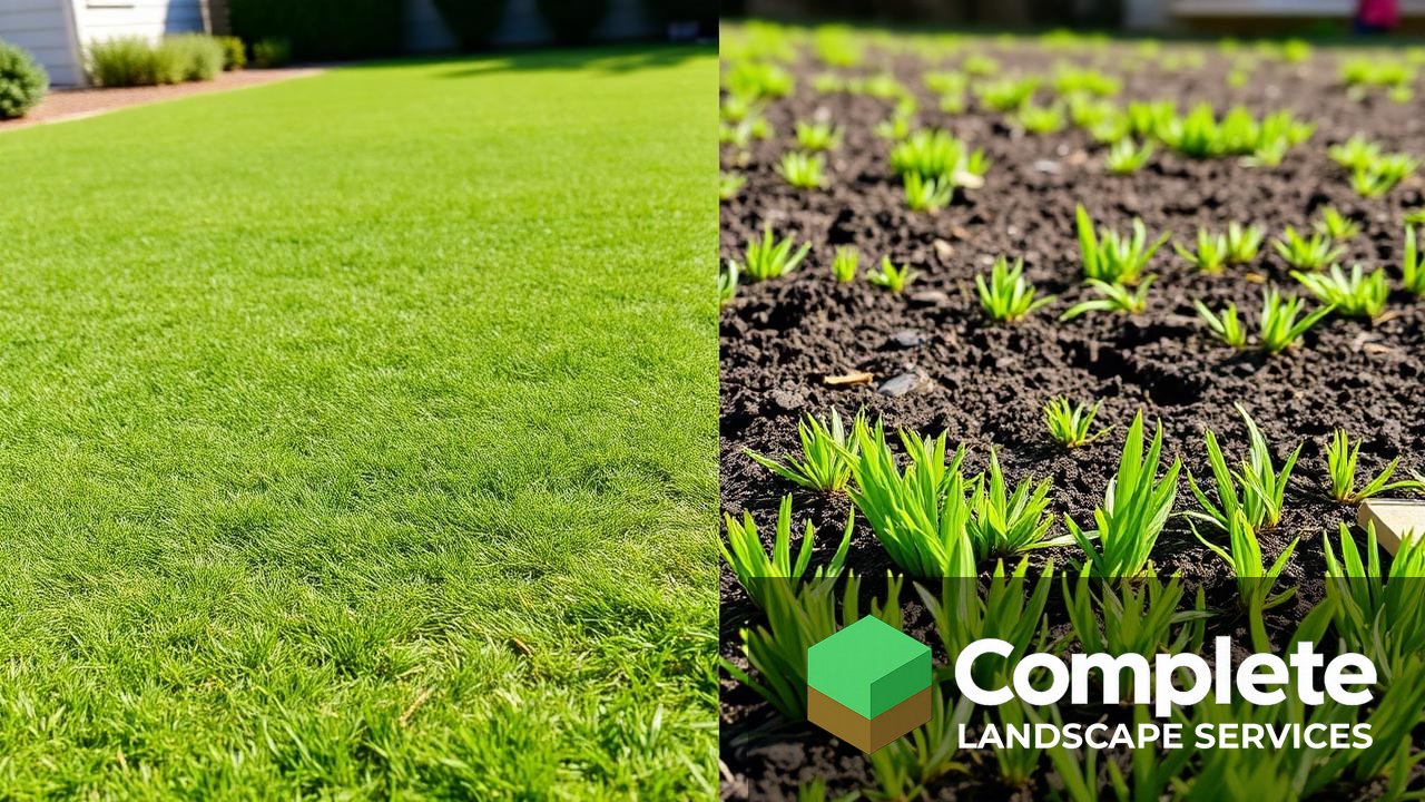 Side by side comparison of an established sod lawn and a newly seeded lawn with young grass sprouts