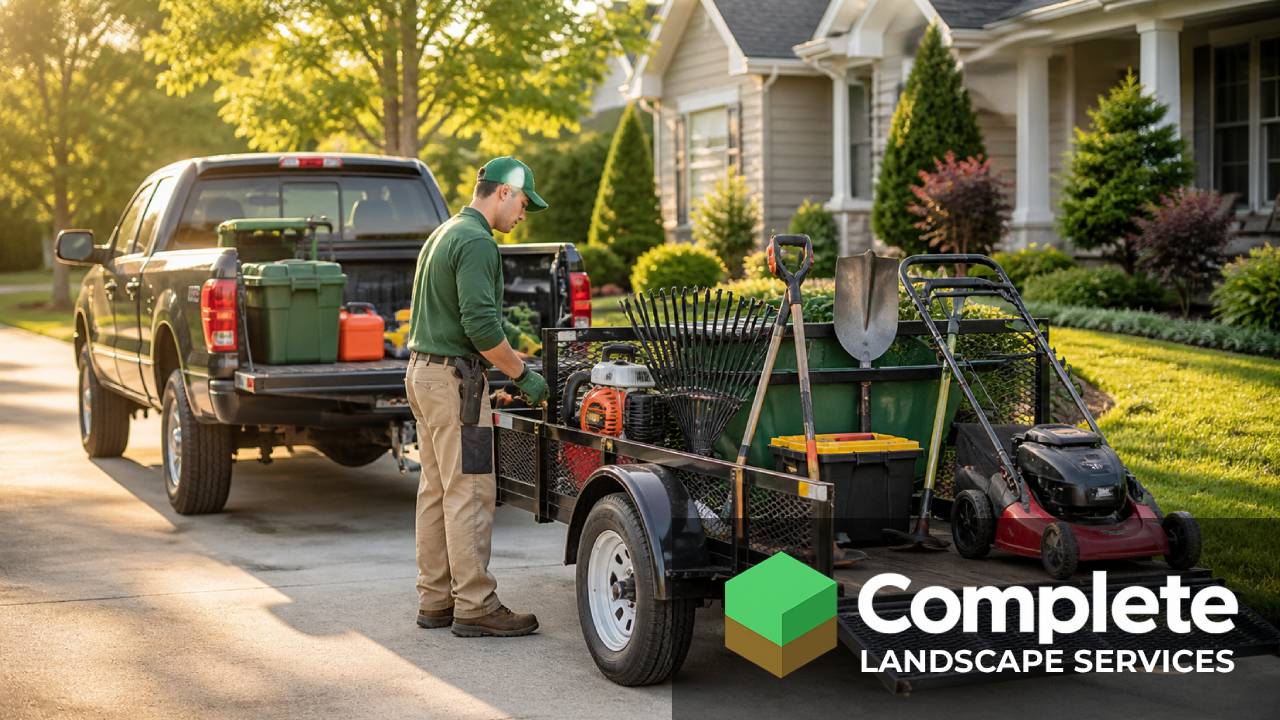 Landscaper loading tools onto a trailer in a residential driveway at sunrise