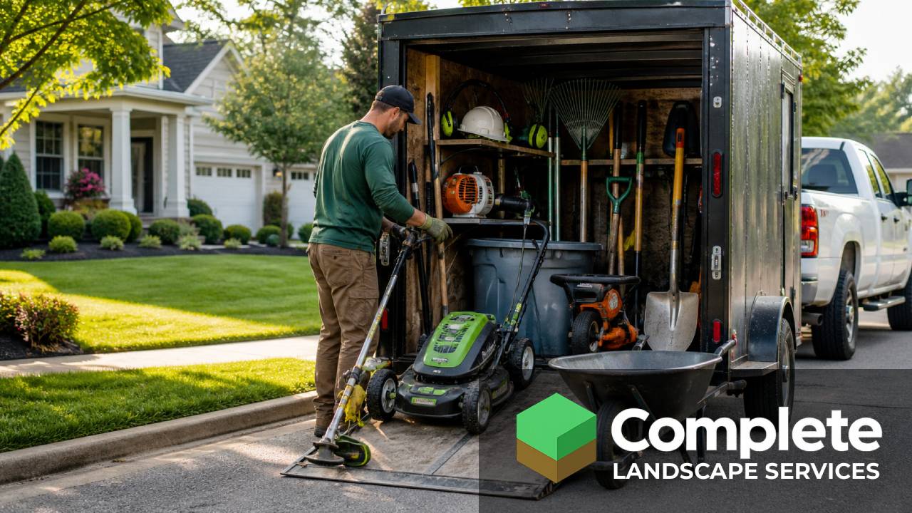Landscaper preparing equipment beside an enclosed work trailer on a suburban street
