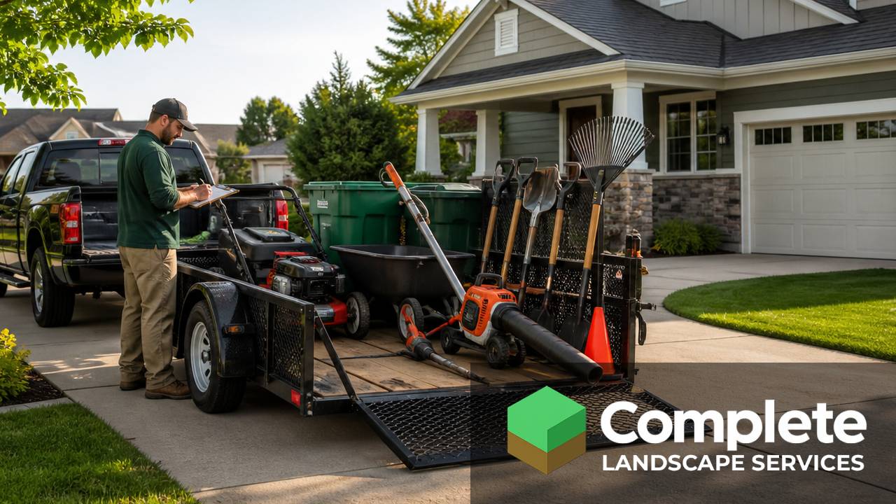 Landscaper writing on a clipboard beside a trailer full of rakes, shovels, and a mower