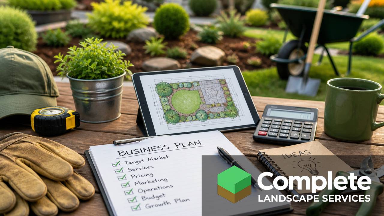 Landscaping business plan checklist on a wood table with a tablet showing a garden design