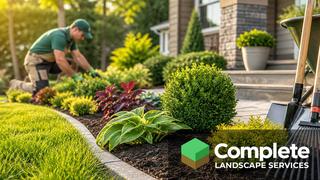 Landscaper planting shrubs and refreshing mulch beds in a tidy front yard