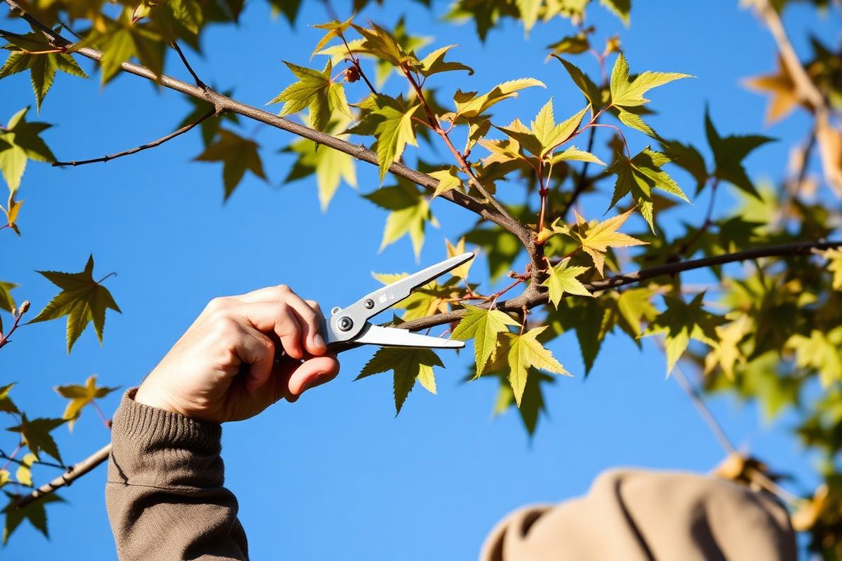 Arborist pruning a maple tree branch against a blue sky