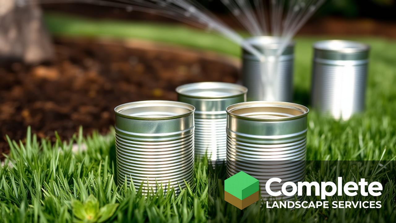 Empty tuna cans placed on a lawn as a catch-can test to measure sprinkler output