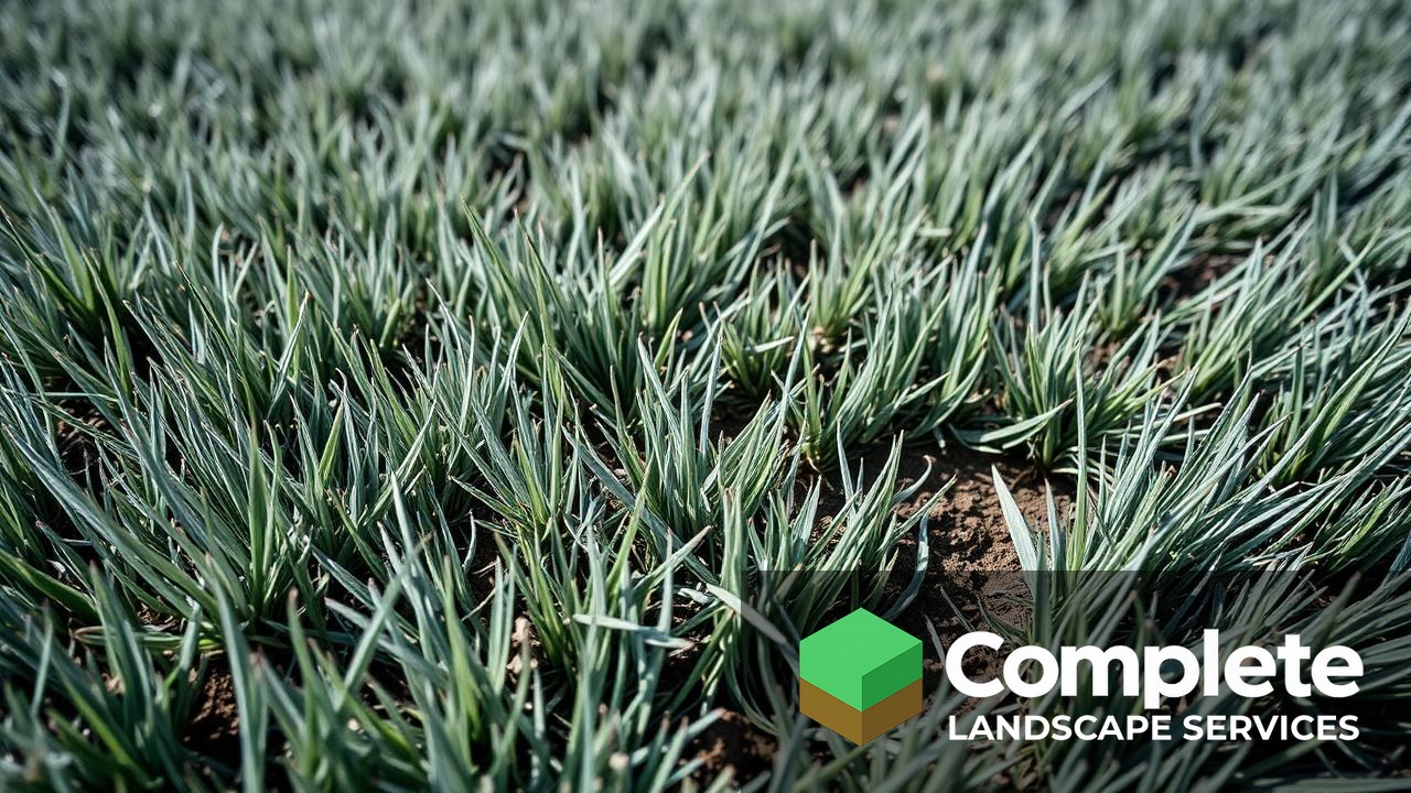 Close-up of drought-stressed lawn showing dull blue-grey grass blades and visible footprints