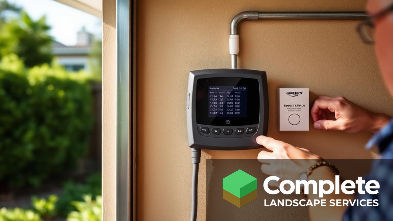 Homeowner adjusting a smart irrigation controller mounted on a garage wall beside a weather sensor