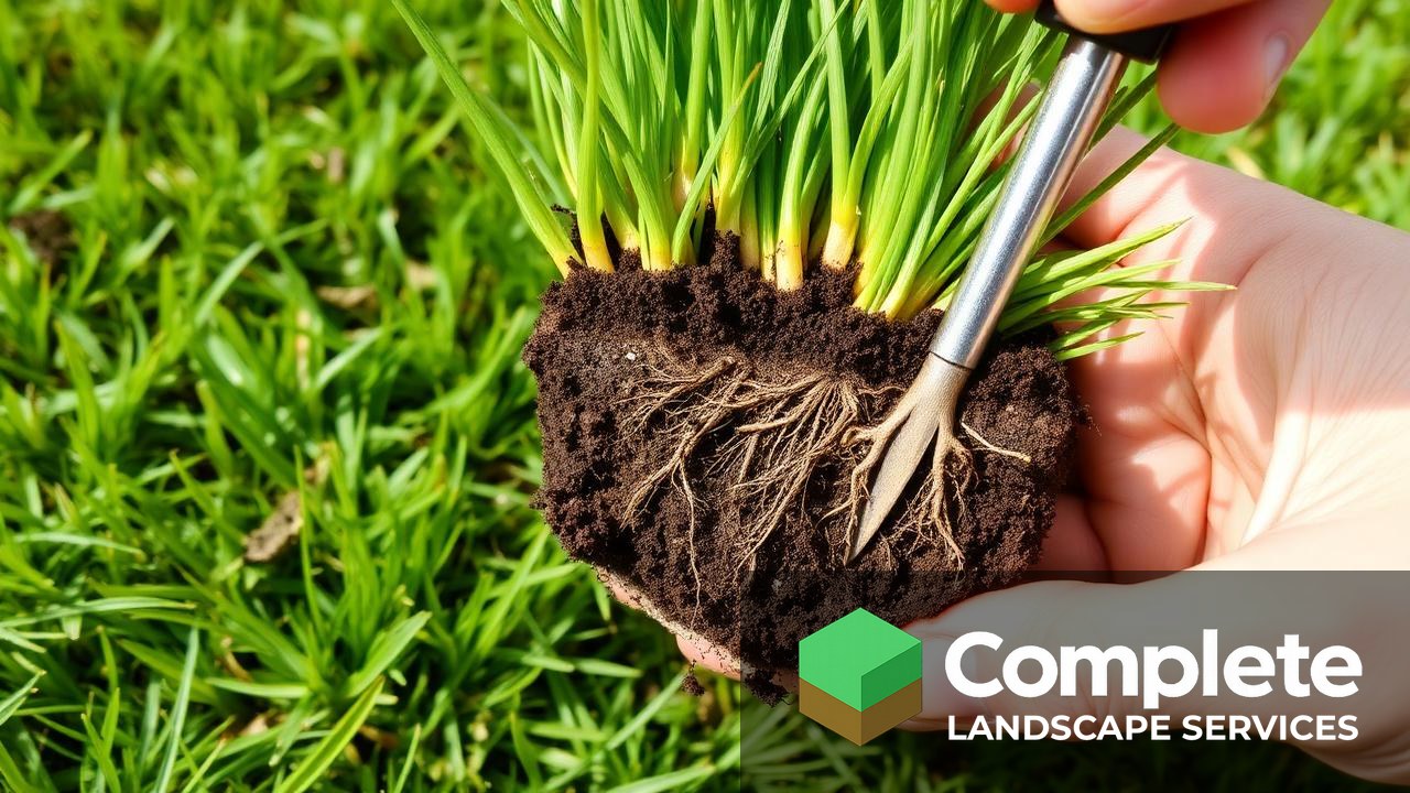 Turf plug pulled with a soil probe showing deep healthy grass roots extending into the soil profile