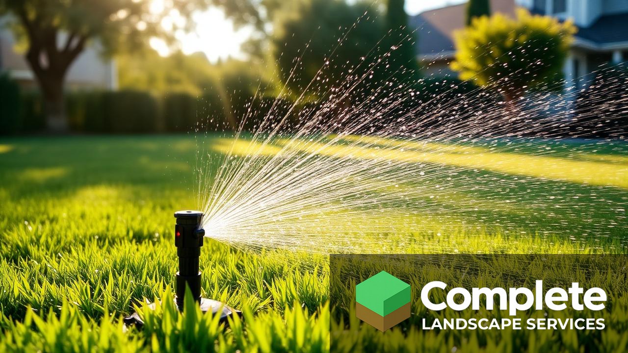 Pop-up sprinkler watering a lush green suburban lawn in early morning light