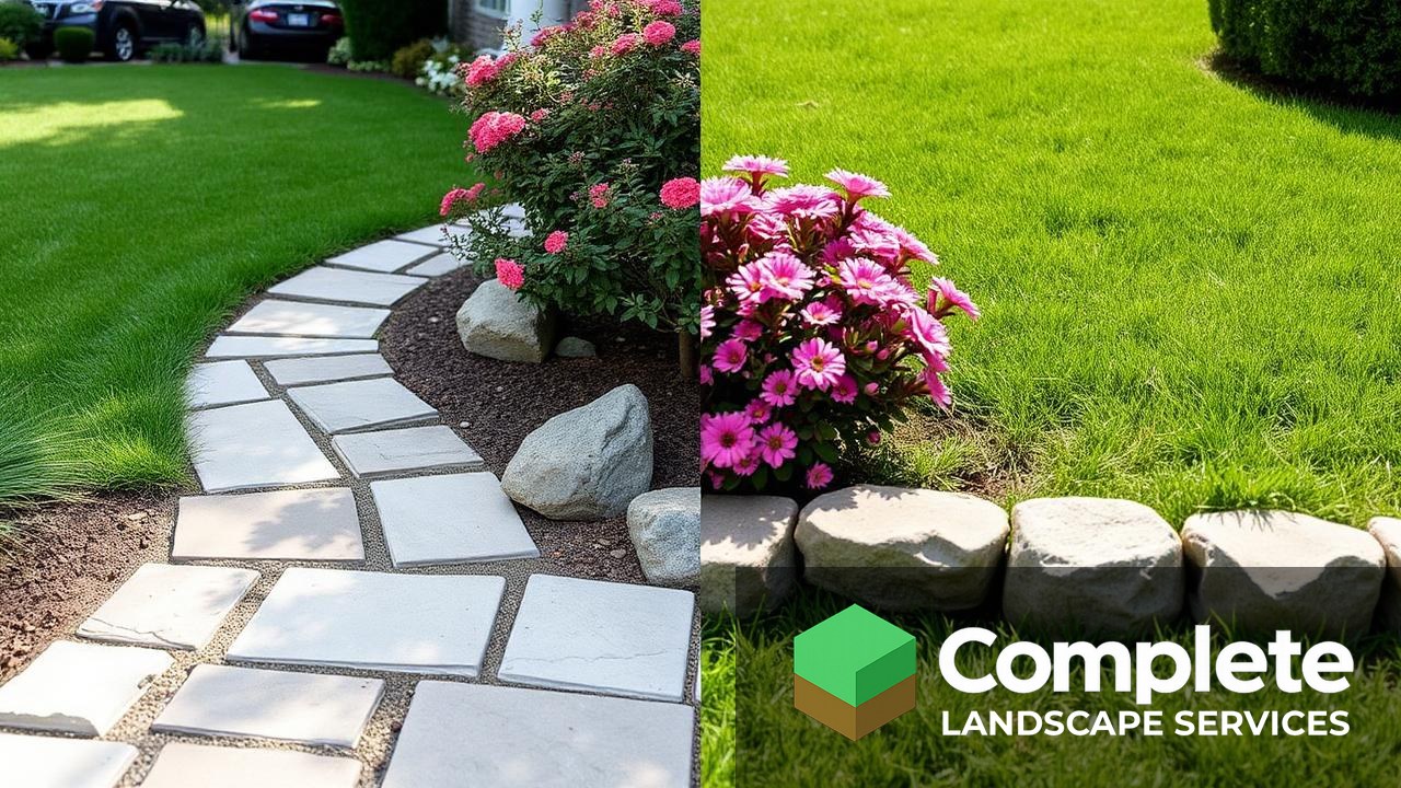 Flagstone walkway and stone edging beside a green lawn and flowering shrubs, showing hardscape next to softscape