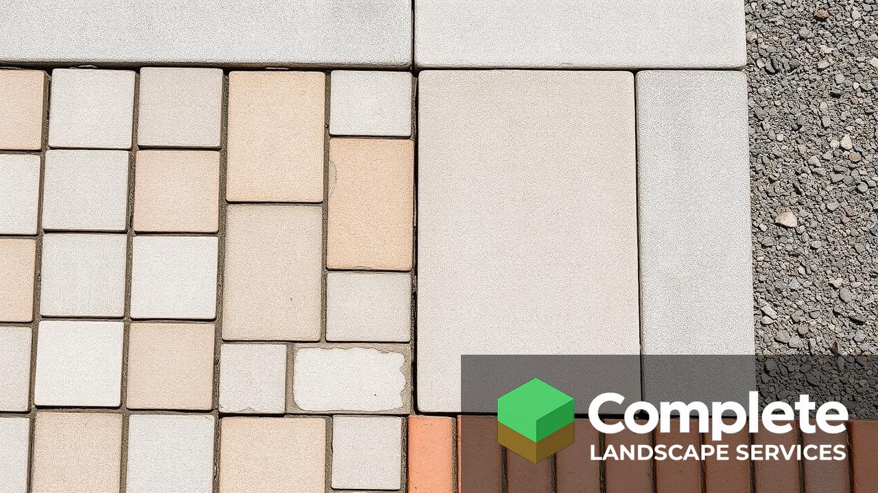 Concrete pavers, natural flagstone, brick, and gravel hardscaping materials laid side by side for comparison
