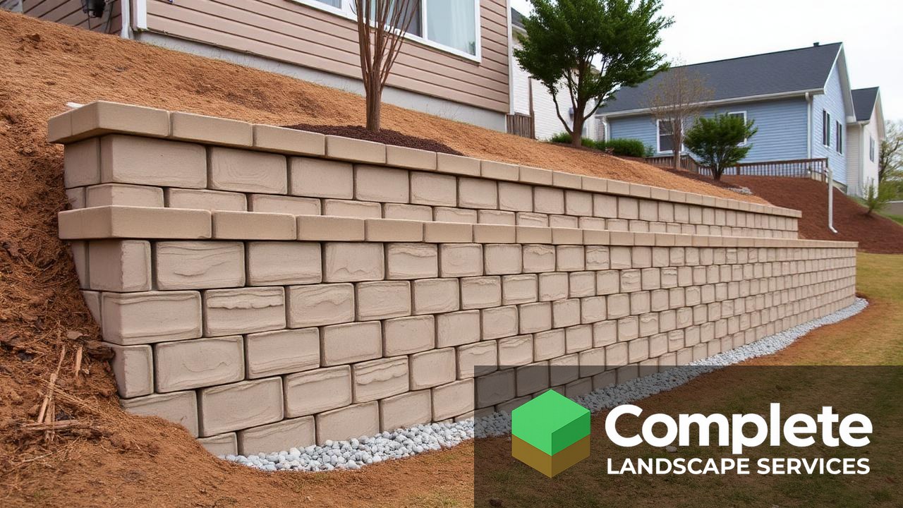 Tiered segmental block retaining wall with drainage gravel visible at the base on a sloped residential yard