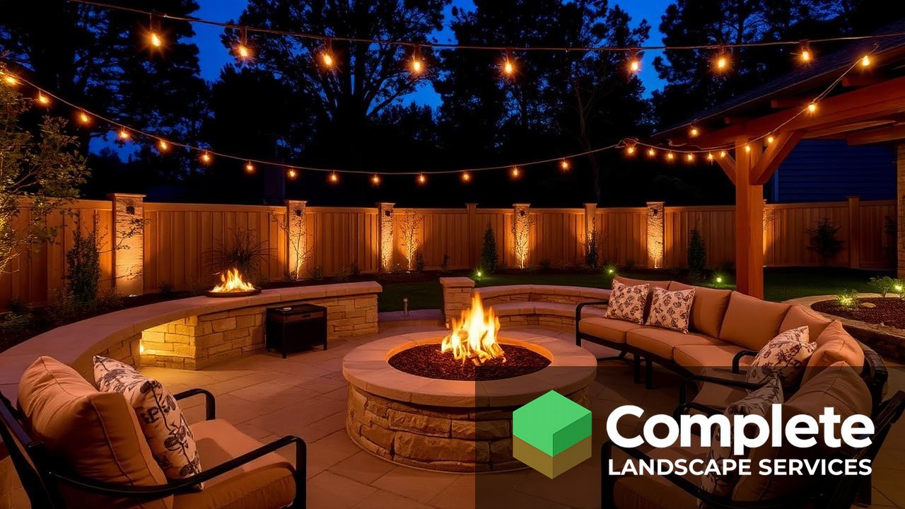 Evening outdoor living space with a stone fire pit, built-in seating, string lights, and low-voltage path lighting