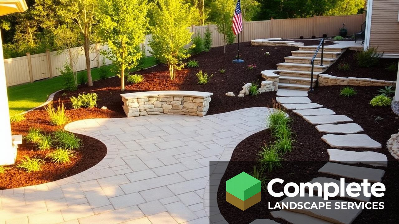 Backyard hardscaping with a paver patio, stone seating wall, and flagstone walkway at golden hour