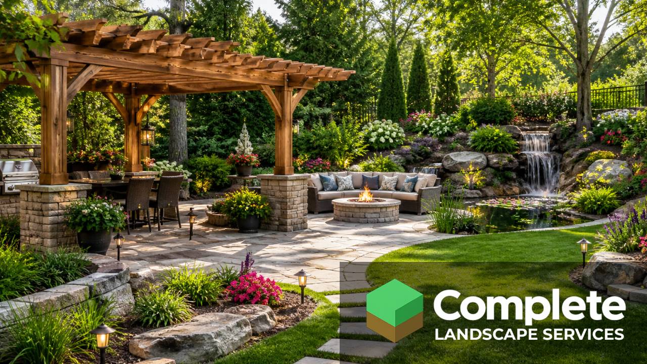 Backyard with pergola, fire pit, paver patio, water feature, and lush landscaping