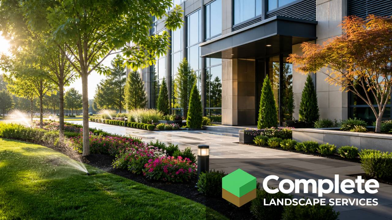 Commercial office entrance with manicured lawn, sprinklers, planted beds, and shade trees