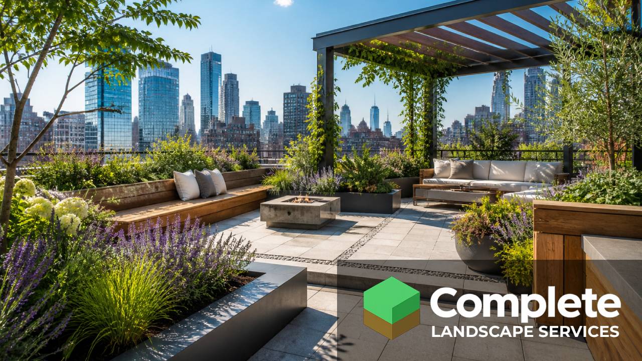 Rooftop terrace with planters, pergola, lounge seating, and skyline views at dusk