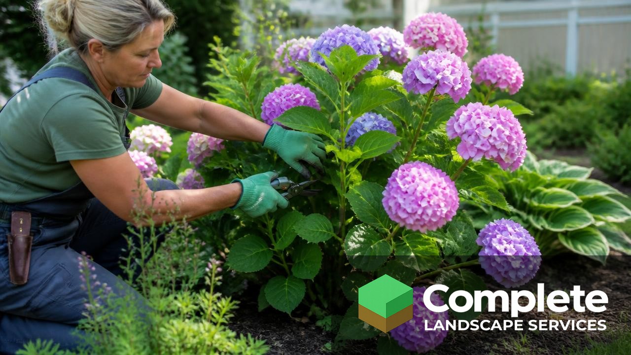 Gardener shaping a flowering hydrangea with hand pruners in a garden bed