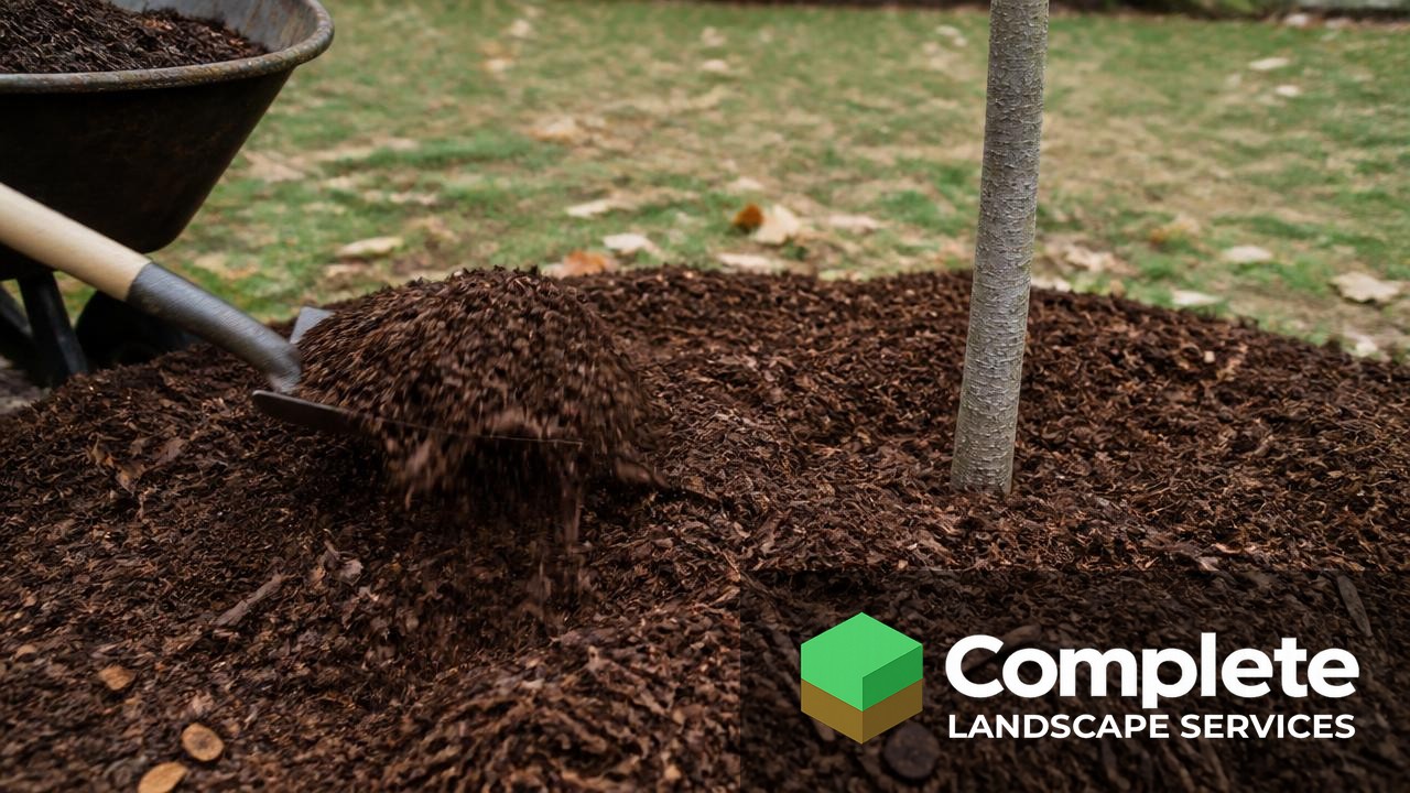 Shredded bark mulch being spread around the base of a young tree in late autumn