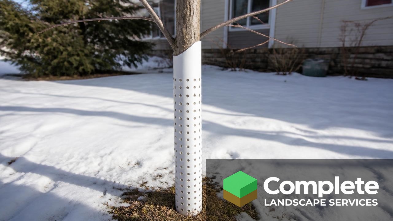 White tree guard wrapped around a young tree trunk in a snowy yard