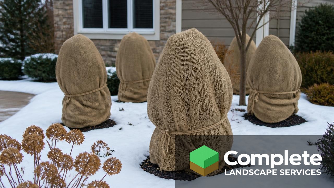 Shrubs wrapped in burlap for winter protection in a snowy residential garden bed