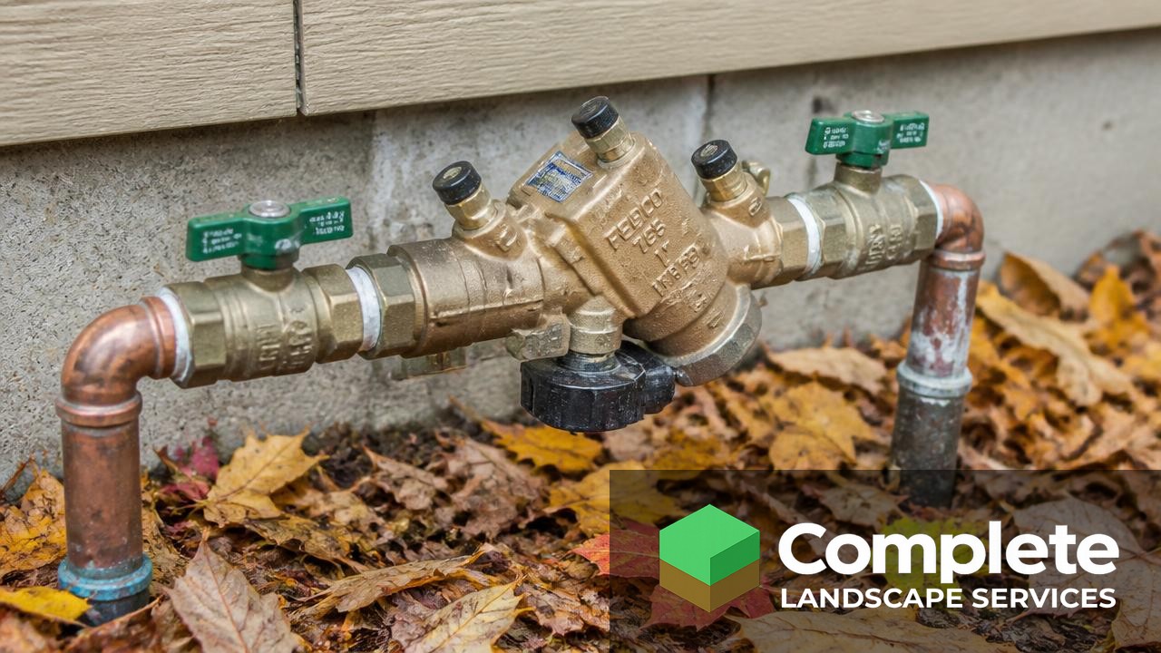 Brass irrigation backflow preventer and shutoff valves beside a house foundation among autumn leaves