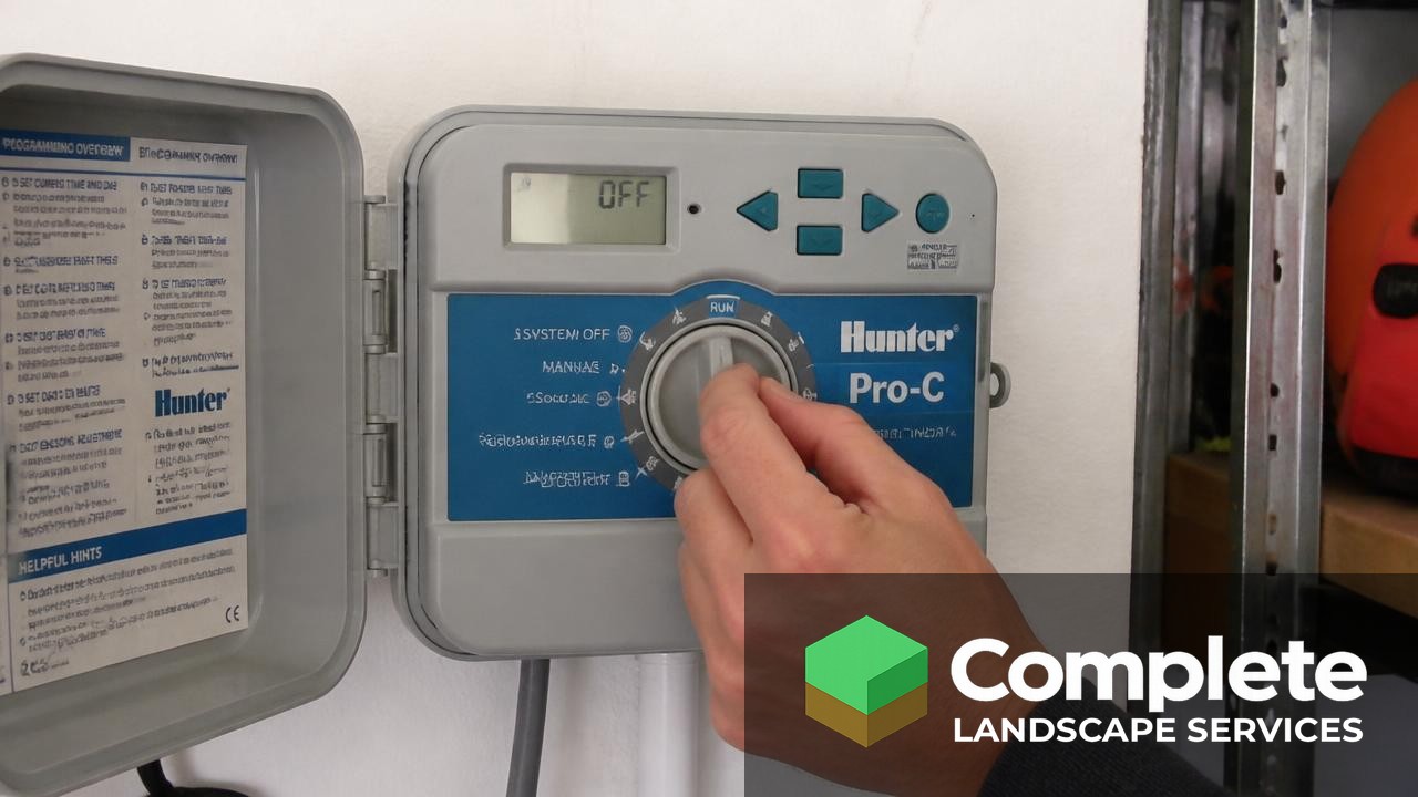 Hand turning an irrigation controller dial to the off position in a garage