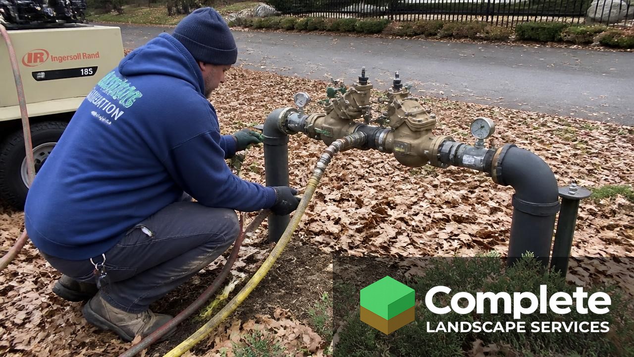 Irrigation technician connecting an air compressor to a backflow preventer to blow out a sprinkler system in late autumn