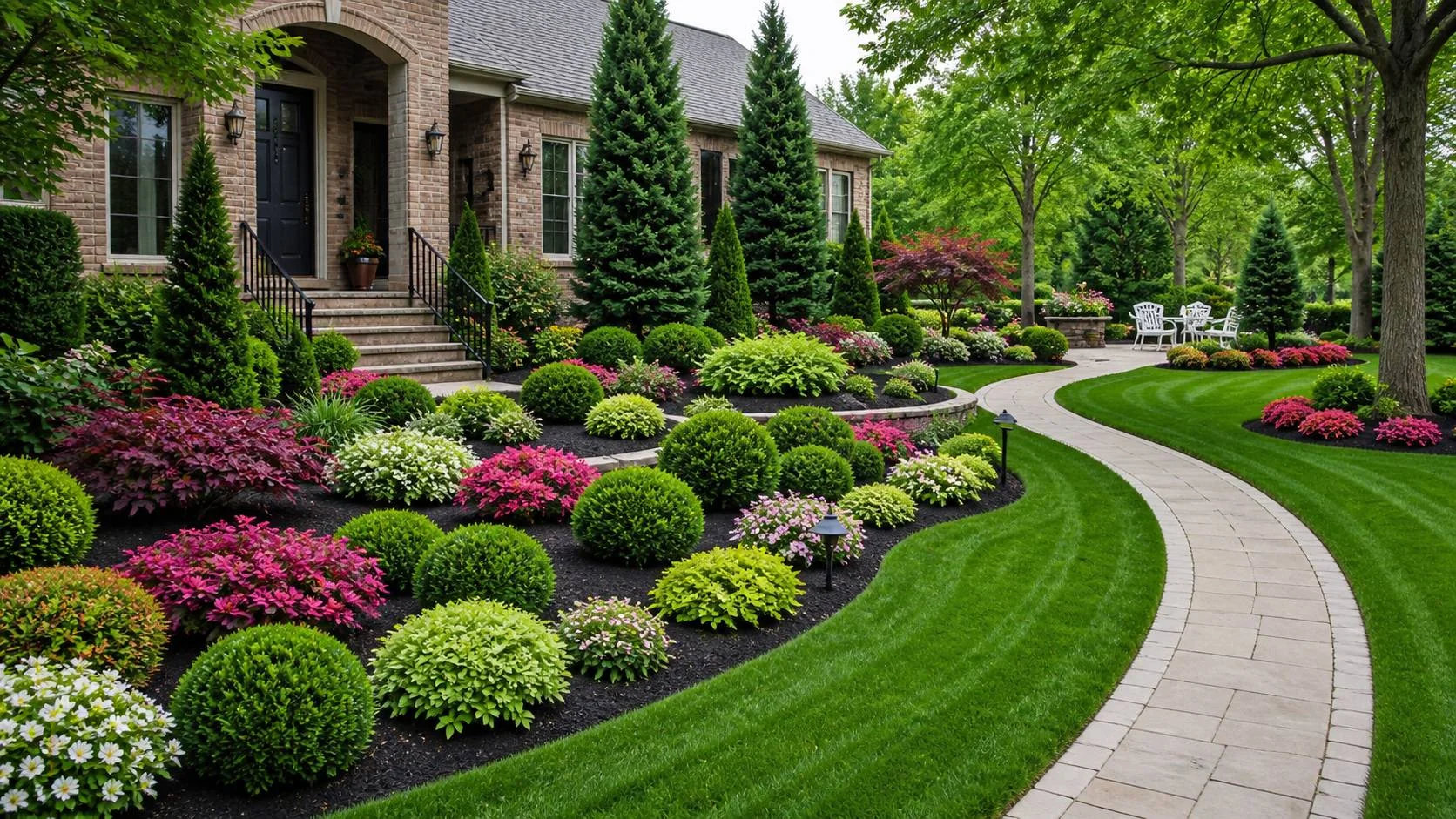Lush professionally landscaped backyard with stone patio and mature trees