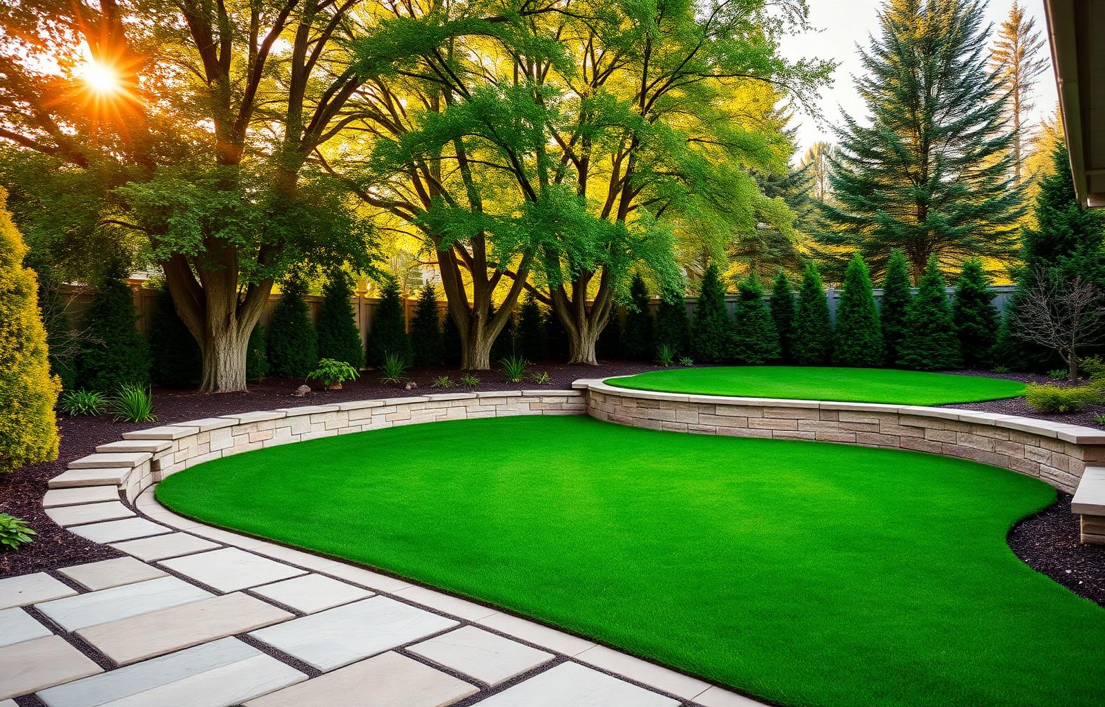 Lush professionally landscaped backyard with stone patio and mature trees